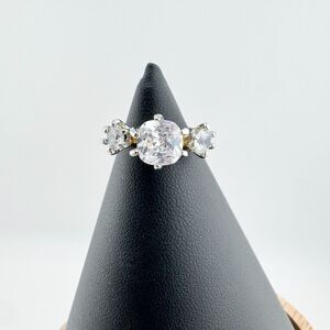 Vintage Three Stone Rhinestone Ring Gold Tone Classic Bridal Statement Glam